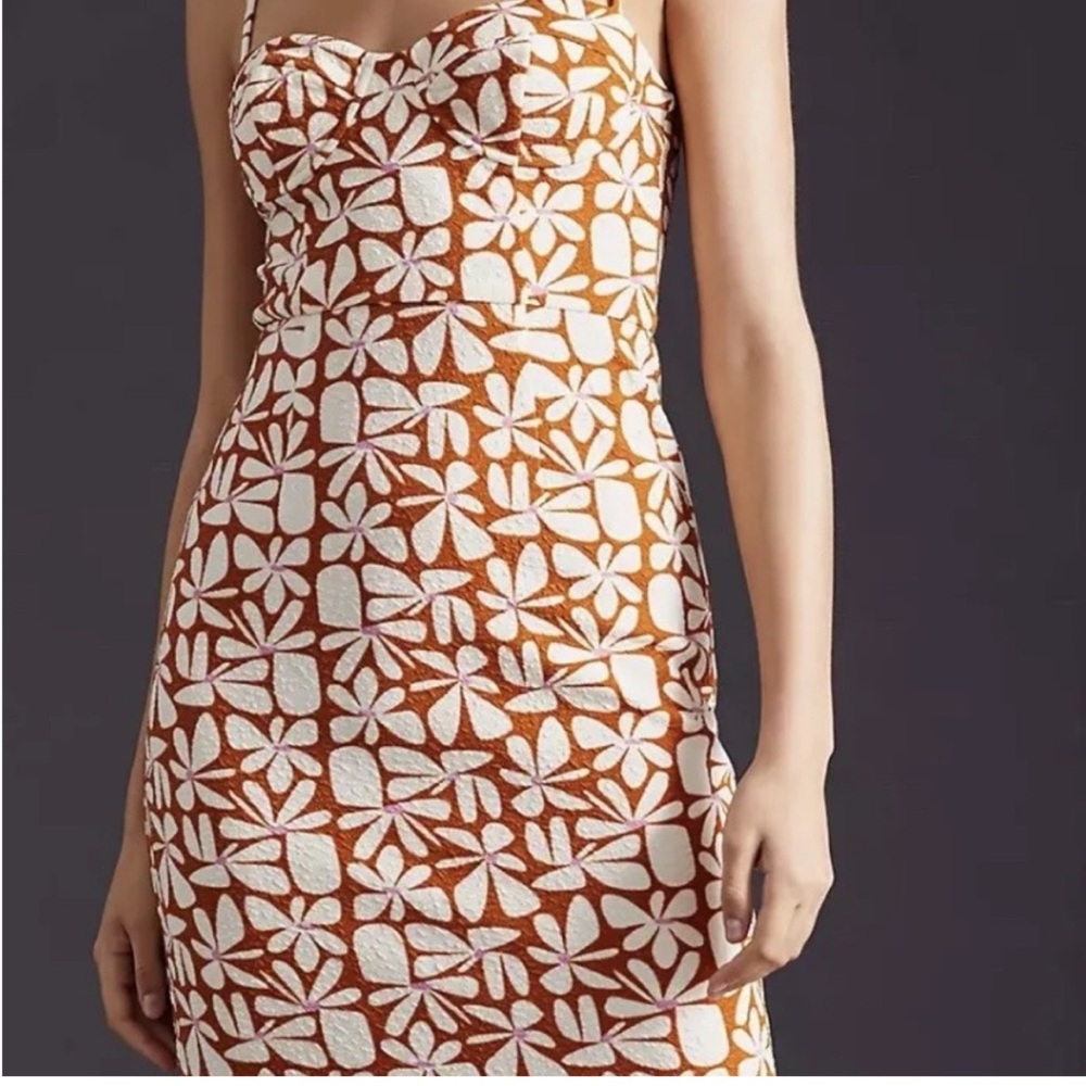 Hutch Anthropologie Floral print form fitting Midi Dress brown and cream - Picture 5 of 14